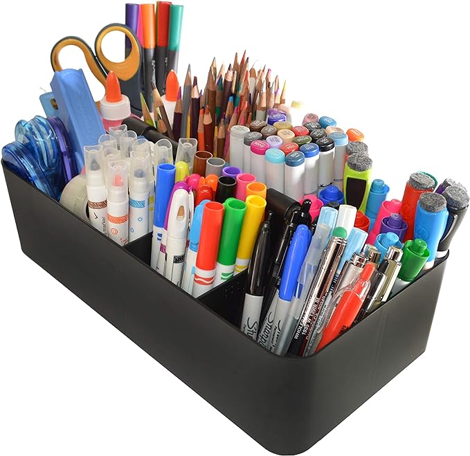 Portable Caddy Organizer -2 Stackable Plastic Caddy with Handle | Desk, Makeup, Dorm Caddy, Classroom Art Organizers (Made In Usa) (Black/Orion Gray)
