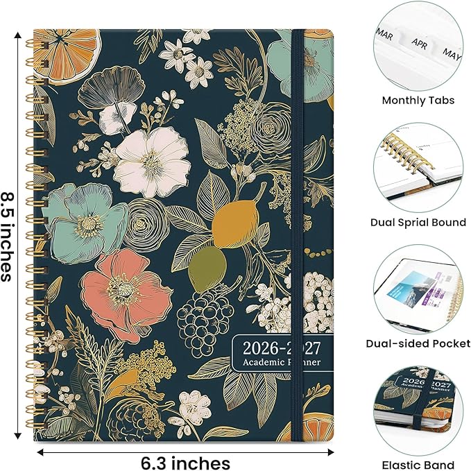 Planner 2026-2027, Monthly and Weekly Academic Planner July 2026 - June 2027, Hardcover Student Teacher Planning Agenda Calendar Book with Tabs, Perfect for Office School Supplies, A5 (6.3" x 8.5") - Citrus Bloom