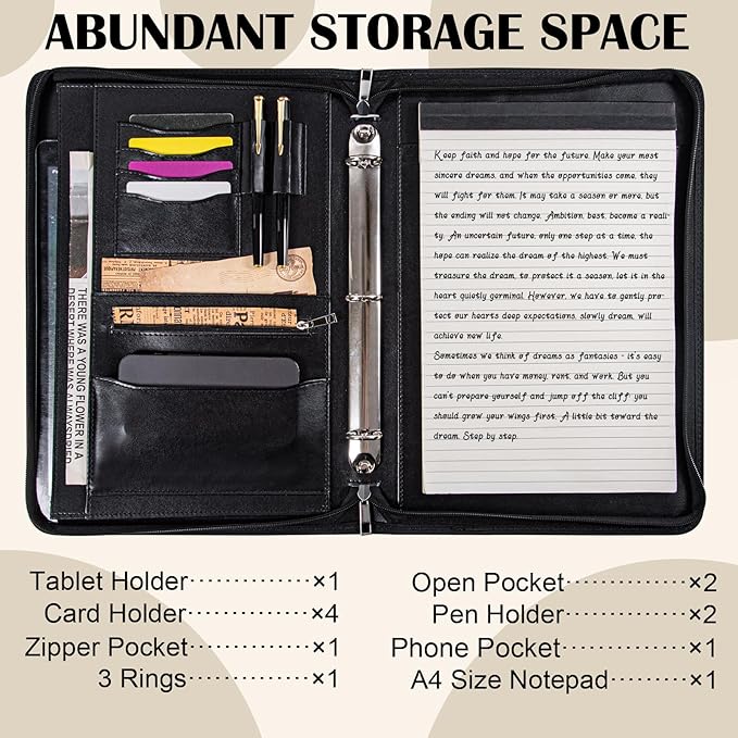 Calfinder 3 Ring Portfolio Binder,PU Leather Padtfolio Binder with Zipper,Padfolios for Women&Men,Professional Business Portfolio Organizer for Resume/Interview, A4 Letter Document Organizer