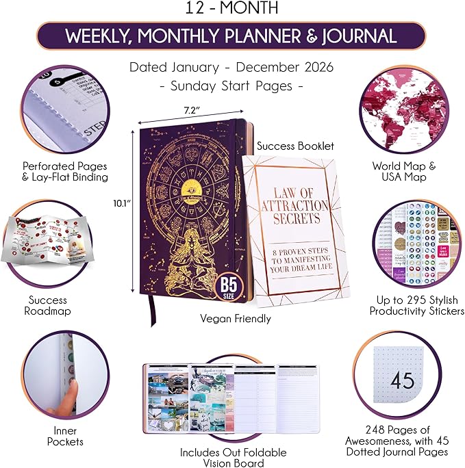 Deluxe 2026 Planner Weekly and Monthly | Law of Attraction Planner with Productivity App | 12-Month for Productivity, Gratitude & Goal Setting | Includes Foldable Vision Board, Gift Box & Stickers