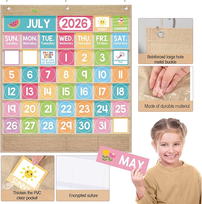 Sinload Classroom Calendar Pocket Chart Set Calendar Bulletin Board Set Seasons Festival Weather Pocket Chart for Classroom Decoration Back to School Supplies(Pastel,Linen Color)