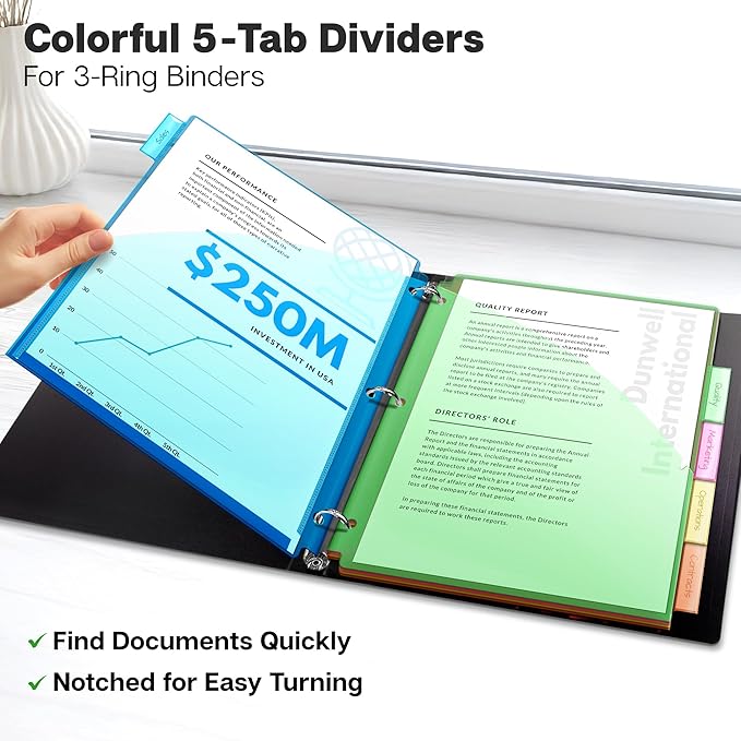 Dunwell Plastic Binder Pocket with 5 Tabs (3 Set, 15 Count), 5-Tab Dividers with 2 Pockets for 3-Ring Binder, Slash Pocket Dividers 3 Hole Punched, 5 Subject Divider Folder, Includes Label Inserts
