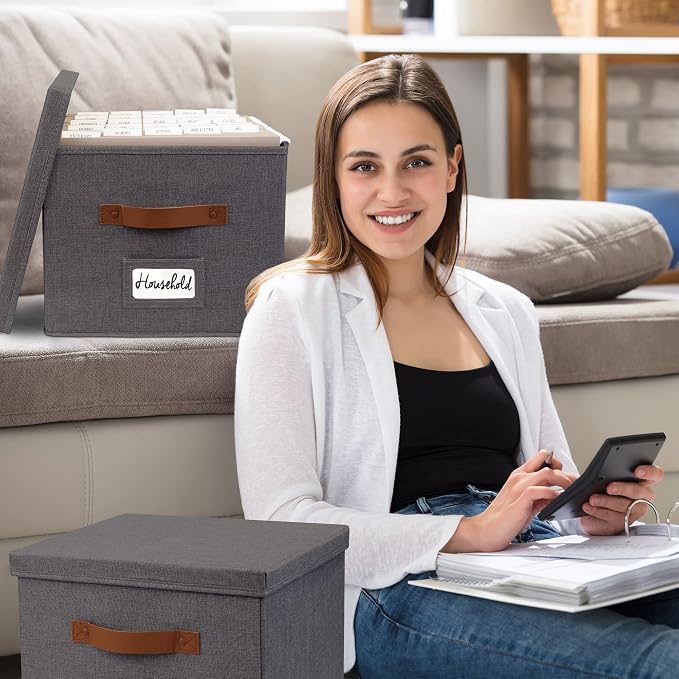 Decorative File Organizer Box Set of 2 - Collapsible Linen Filing Cabinets with Handles Are Perfect to Store All Your Documents & Hanging File Folders - Portable Easy Slide Office Crates with Lid
