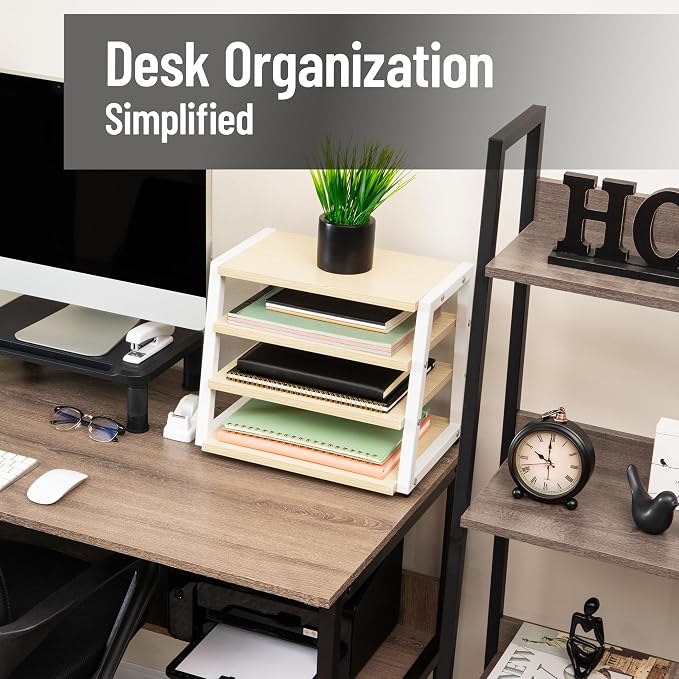 Mind Reader 4-Tier Desk Organizer, File Storage, Documents, Office, Metal, MDF, 14.5" L x 10.5" W x 12" H, White