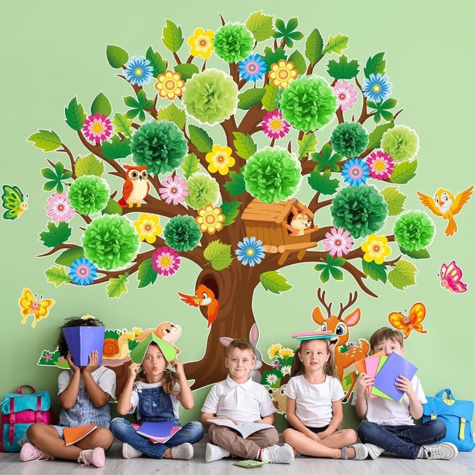 Pajean 126 Pieces Classroom Tree Bulletin Board Set Spring Tree Bulletin Board Decoration with Paper Pom Poms 3D Flowers Leaves Butterfly Cutouts for School Classroom Home Wall Chalkboard Decor