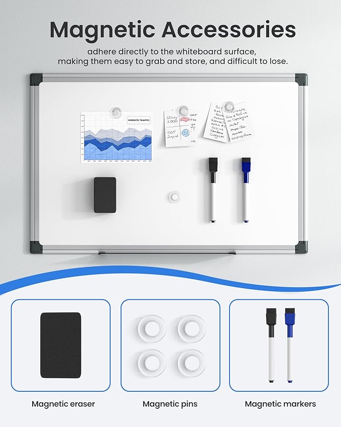 VUSIGN Magnetic White Board Kit for Wall 18" x 12", 1 Dry Eraser & 2 Multicolor Markers & 4 Magnetic Pins, Sliver Reinforced Aluminum Frame for Home, School, Office