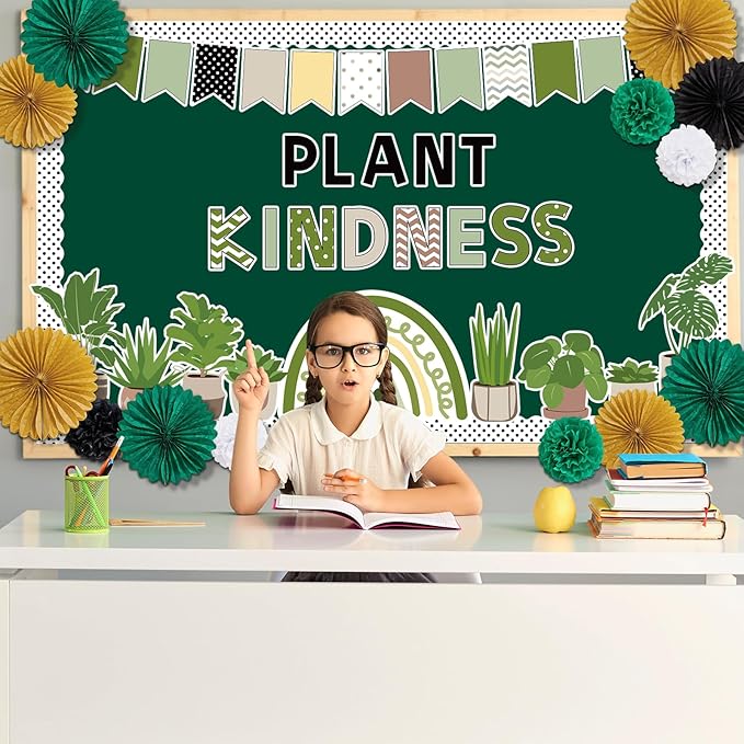 Summer Greenery Bulletin Board Decorations with 3D Tissue Paper Flower Paper Fan Positive Plant Kindness Classroom Bulletin Board Border Greenery Rainbow Cutouts for School Home Chalkboard Supplies