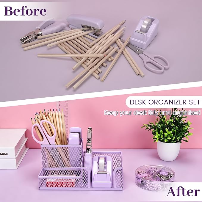 Purple Office Desk Accessories, 9 Pcs Desk Organizers and Accessories with Mesh Pen Holder, Stapler, Tape Dispenser, Hole Punch, Office Supplies Set for Office Home School Women Students Gift