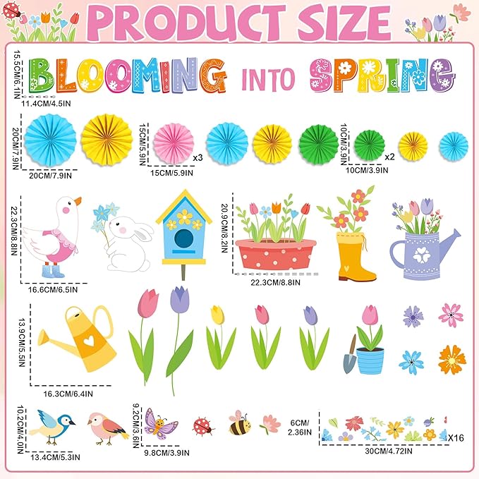 Spring Bulletin Board Decorations Set with 3D Paper Fans Blooming Into Spring for Colorful Tulip Flowers Butterfly Bee Bird Cutouts for Classroom Party School Home Office Chalkboard Wall Door Decor