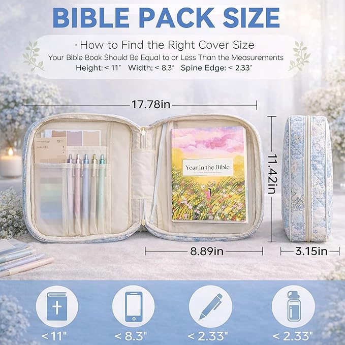 Bible Bag for Women, Bible Cover Case with Study Supplies,Large Quilted Bible Bag with Handle and Zipper, Suitable for Christian Books-Christian Gift for Girls(Blue Patchwork Flowers)