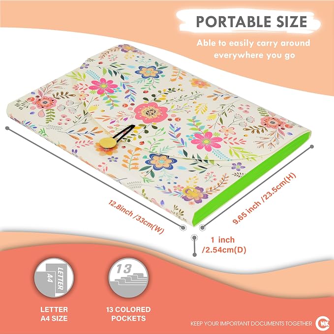CNK File Folders Organizer with 13 Pockets Accordion Expanding Folder Documents Receipt Document Paper Pocket Filing Accordian Important Expandable Holder Files Alphabetical Labels Letter