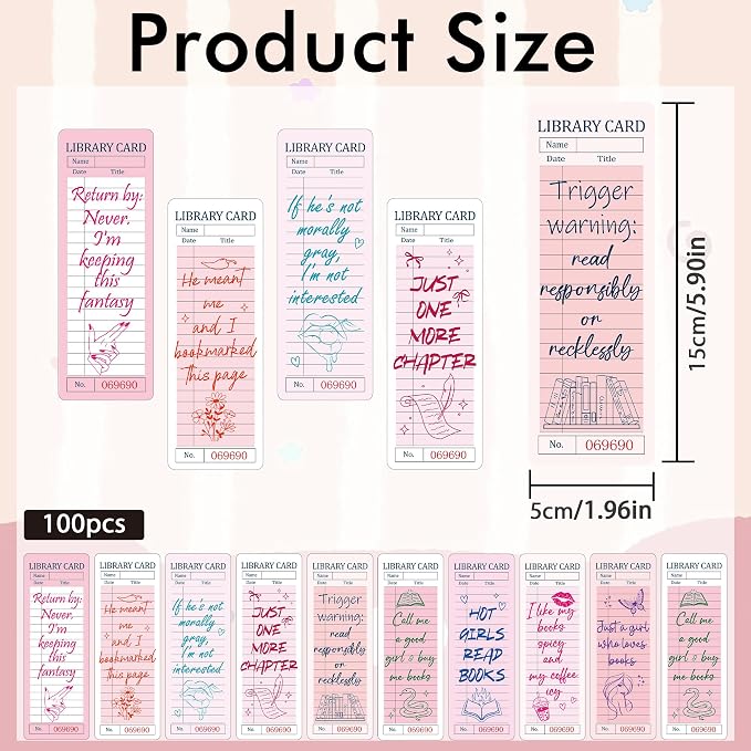 Spicy Library Card Bookmarks Bulk, 100 Pcs Smut Dark Romance Book Marks for Reading Women, Pink Bookish Page Markers for Book Club Reading Group Gifts Funny Dark Romance Merch