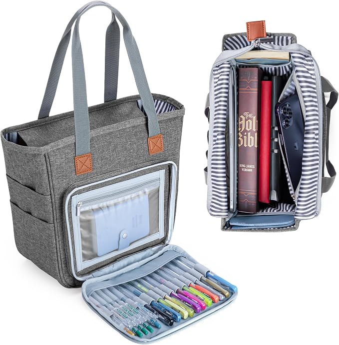 LUXJA Bible Case Tote for Women, Bible Bag with Multiple Pockets for Bible Study Items, Gray
