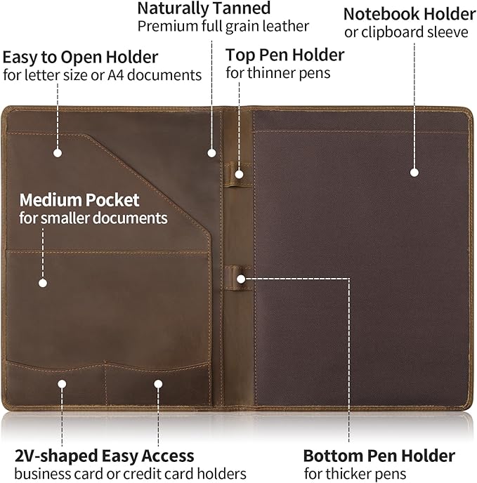 Ringsun Leather Portfolio Organizer for Men Women, Leather Padfolio Business Resume Legal Pad Portfolio Notebook Binder for A4/Pad, Leather Folio Leather Folder, Brown