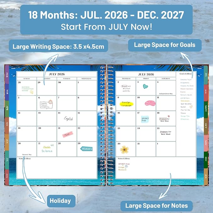 CAGIE Planner 2026-2027 Weekly and Monthly,18 Month (Jul. 26-Dec. 27) Planners Calendar with Hourly Timeslot, 10"x11.5", Large Hardcover Spiral Daily Planner with Tab for Work, Home,Teacher, Sea
