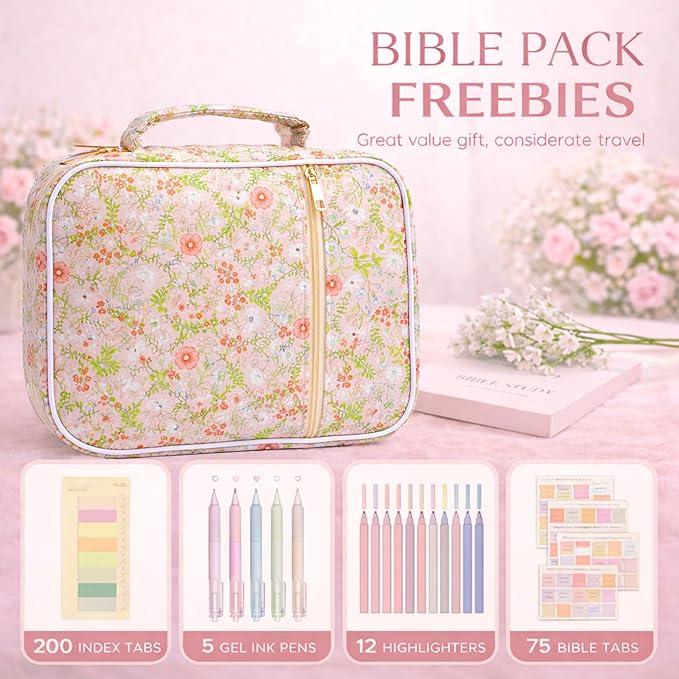 Bible Bag for Women, Bible Cover Case with Study Supplies,Large Quilted Bible Bag with Handle and Zipper, Suitable for Christian Books-Christian Gift for Girls(Small Flowers)