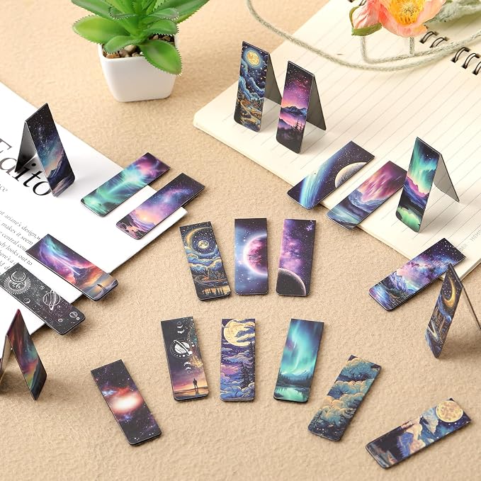 Fantasy Magnetic Bookmarks Gifts - 48 PCs Unique Starry Night Sky Space Planets Charm Moon Book Marks Reading Lovers Bulk Personalized Cool Page Markers Women Men Boys Kids Students School