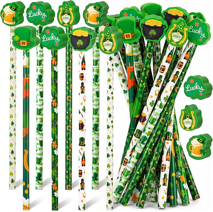 Gersoniel 36 Pcs St. Patrick's Day Pencils Set 18 Green Shamrock Pencils 18 Irish Rubber Erasers Clover Leprechauns Wood Stationary for Kids Party Favors Office School Classroom Gift Exchange (Irish)