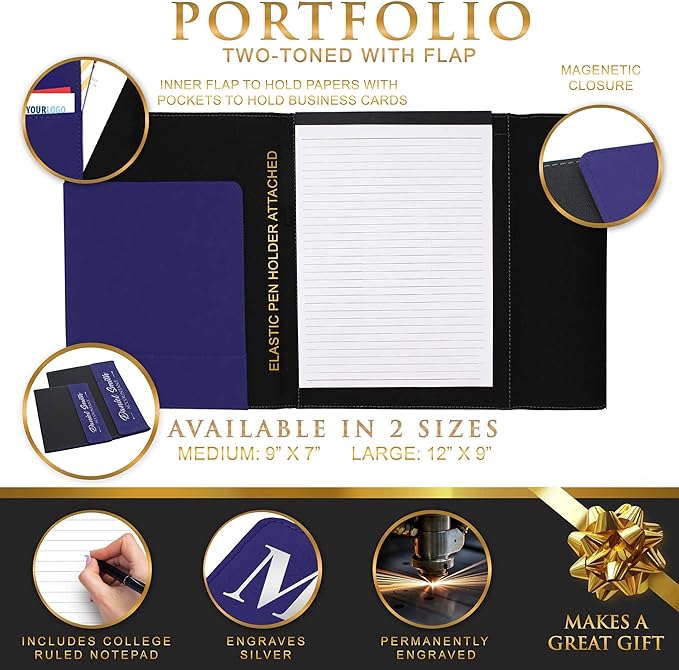 My Personal Memories Personalized Portfolio with Custom Monogrammed Flap - Engraved Teacher, Student, Business, Man, Woman, Gift (Blue Flap)