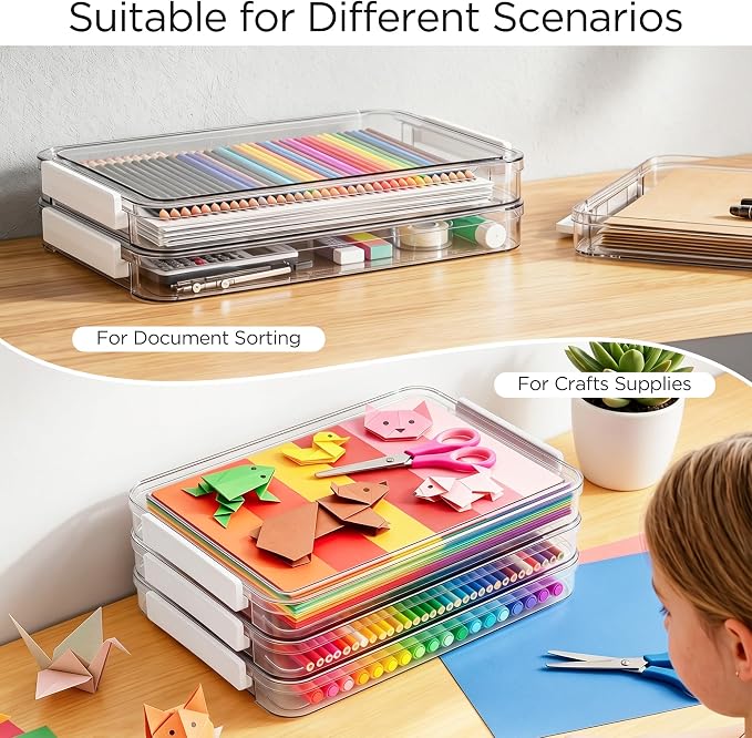 Citylife 3 PCS Scrapbook Paper Organizer with Clip, Stackable Clear Photo Organizer for Art and Craft Supplies, A4 Paper, Office Files, Stationery