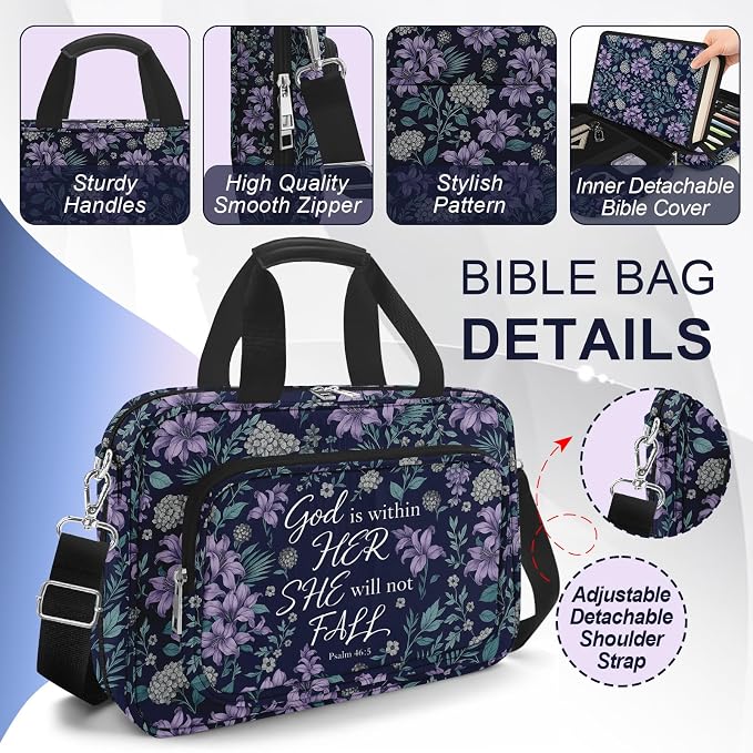 Lilac Bible Cover Case for Women with Shoulder Strap & Handle Zipper Pocket, Large Bible Bag with Study Supplies Journaling Kit Book Carrying Case, Pens Highlighters Cross Clips Tabs