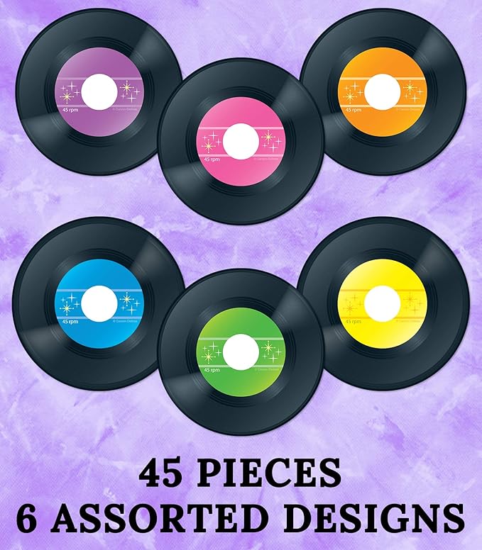 Carson Dellosa 45-Piece Records Paper Cutouts, Colorful Cardstock Disco Groovy Party Decorations, Retro Cut-Outs for Bulletin Board, Birthday, 70's & 80's, and Classroom Decor