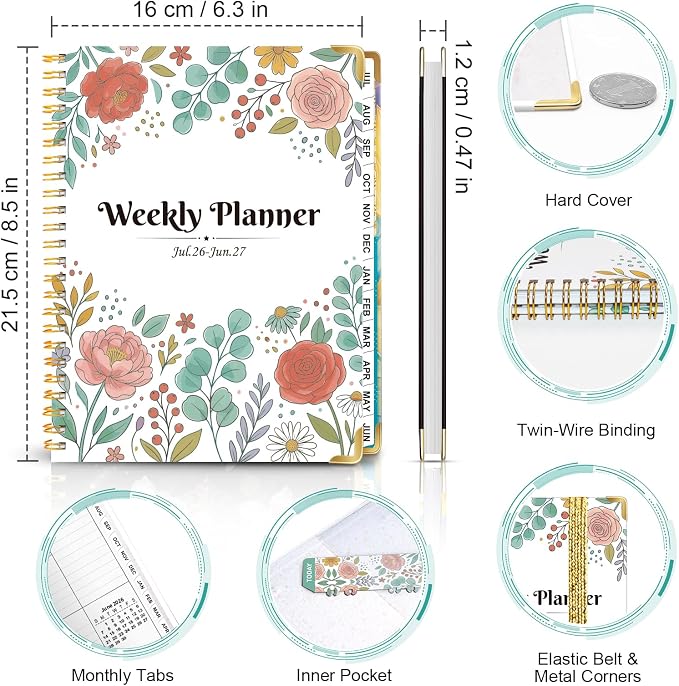 Weekly Monthly Planner 2026-2027, Weekly Planner from Jul 2026-Jun 2027, 6.3" X 8.5" Daily Planner with Tabs, Bookmark, Calendar Planner for Women Girls, Planners Spiral Bound at School/Office