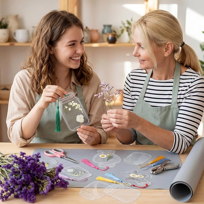 Tallew 81 Pcs DIY Dried Flower Bookmark Making Kit Include 40 Clear Transparent Bookmarks, 40 Colorful Tassels and Puncher, Handmade Craft Supplies for Women Girls Readers(Retro Style)