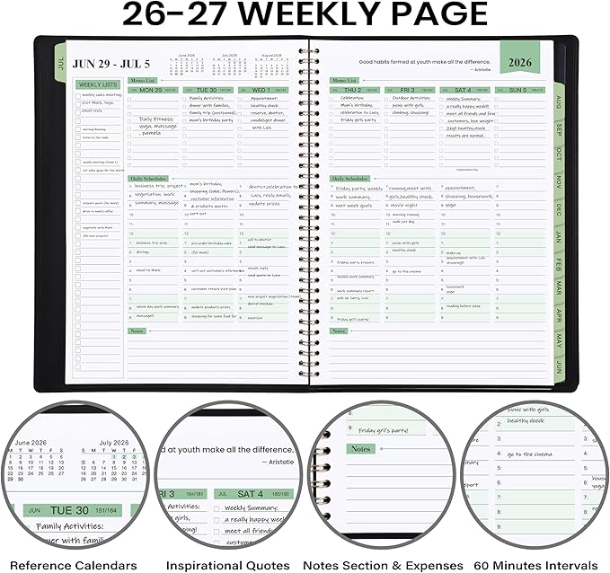 2026-2027 Planner - 11.38'' x 8.74'', Weekly & Monthly Planner Notepad, JUL. 2026 - JUN.2027, Appointment Book 2026-2027, 60 Minutes Interval, Monthly Tabs, Faux Soft Leather, Spiral Bound - Black