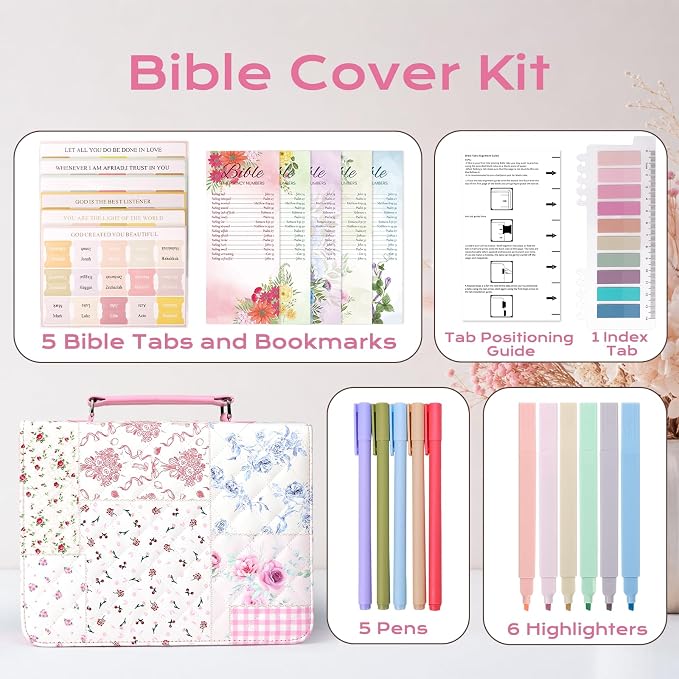 XKDOUS Bible Cover Case for Women Leather Quilted Bible Bag Organizer Large Book Carrying Case with Handle, Pens, Tabs, Study Supplies Journaling Kit Christian Gifts for Mom, Lady