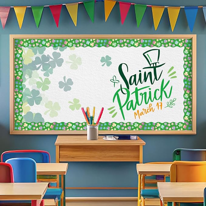 AnyDesign 32.8 Ft St. Patrick's Day Shamrock Bulletin Board Border Holographic Green Clover Scalloped Die Cut Border Trim Roll for Irish Party Home Classroom Wall Decoration