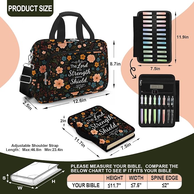 Floral Bible Cover for Women, Large Bible Bag Carrying Case with Shoulder Strap Bible Study Supplies Journaling Kit Book Carrying Case with Pens Highlighters Cross Clips Tabs Christian Gift