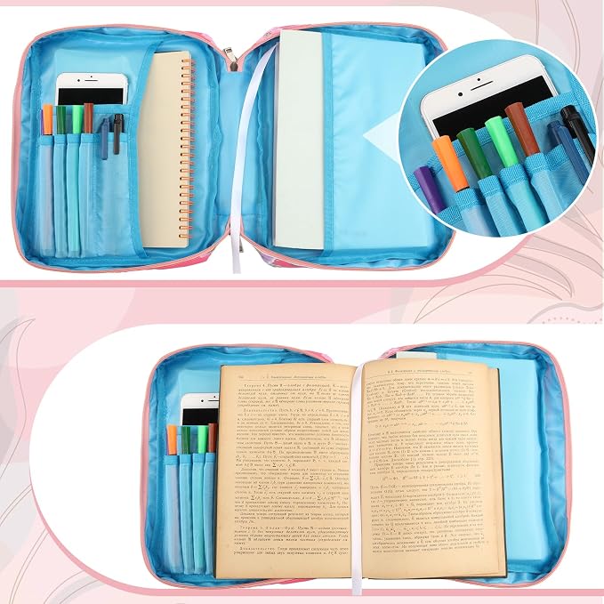 Yaomiao Bible Cover Case for Women Girls Large Bible Bag with Flowers Printing Carrying Case with Handle, 8 Pens, 90 Tabs Cover Bag Portable with Bookmarks for Study Christian Gift(Delicate Style)
