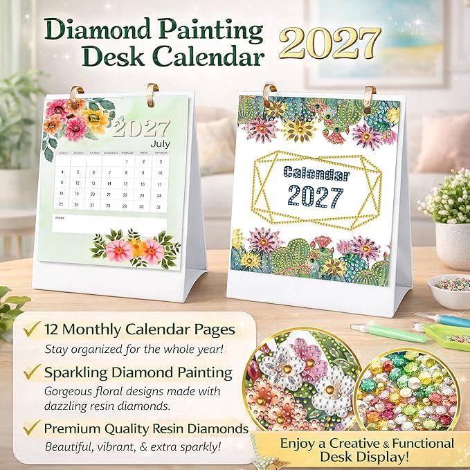 2027 Standing Desk Calendar DIY Diamond Art Painting Monthly Flip Dates Flowers Double-Sided Pattern Tabletop Calendars Diamond Art Craft Supplies Planner Office Home-2027 Flowers