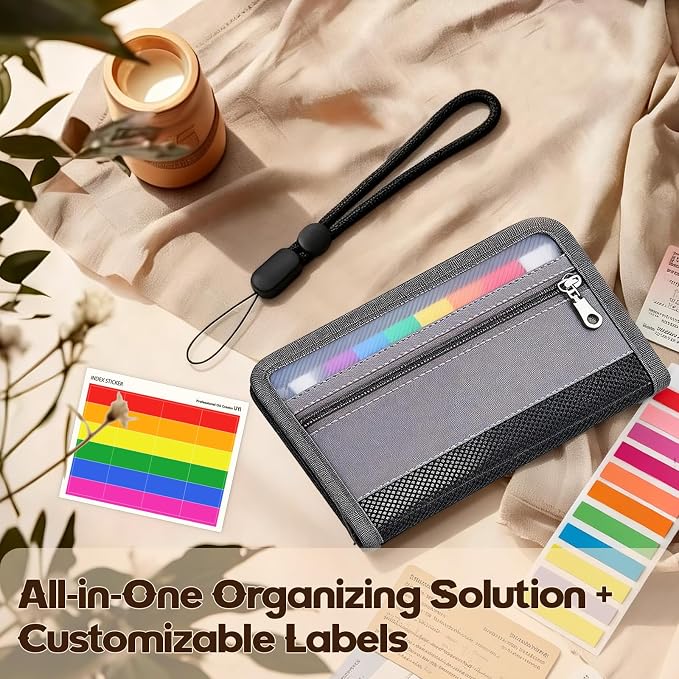 A6 Receipts Organizer with Zipper Closure and Wrist Strap, 12 Pocket Portable Accordion File with Color Labels for Coupons, Cards & Tickets, Budget Cash Envelope Organizer