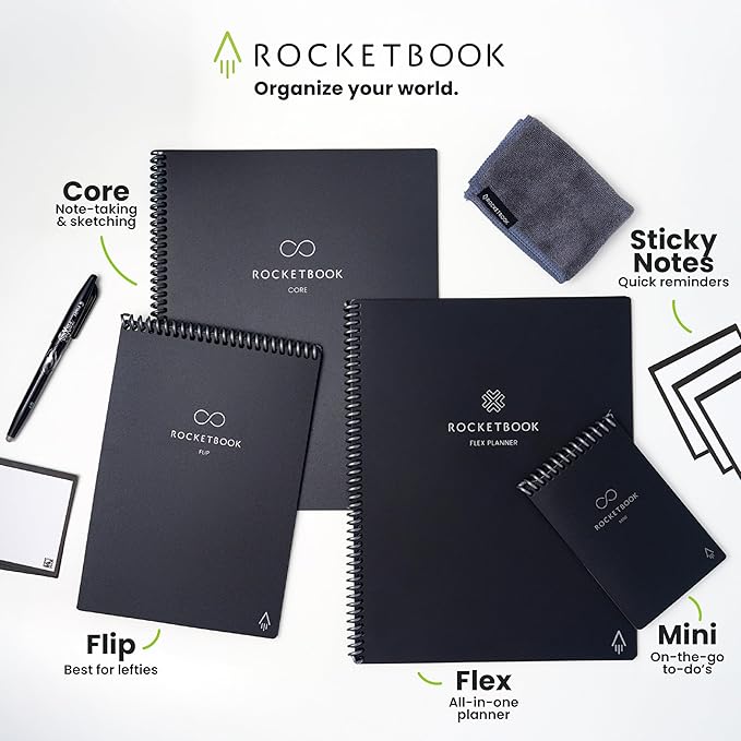 Rocketbook Flex Reusable Planner, Smart Undated, Daily, Weekly, Monthly, Annual Calendar Templates, Executive Size 6X8.8, Black (Pack of 1)