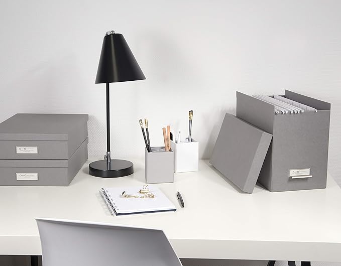 Bigso John Fiberboard Label Frame Desktop File Storage Box - Document Organizer for Important Paperwork - Durable Hanging File Box with a Lid & Metal Label Window - 7.36 x 13.38 x 10.51 in - Grey