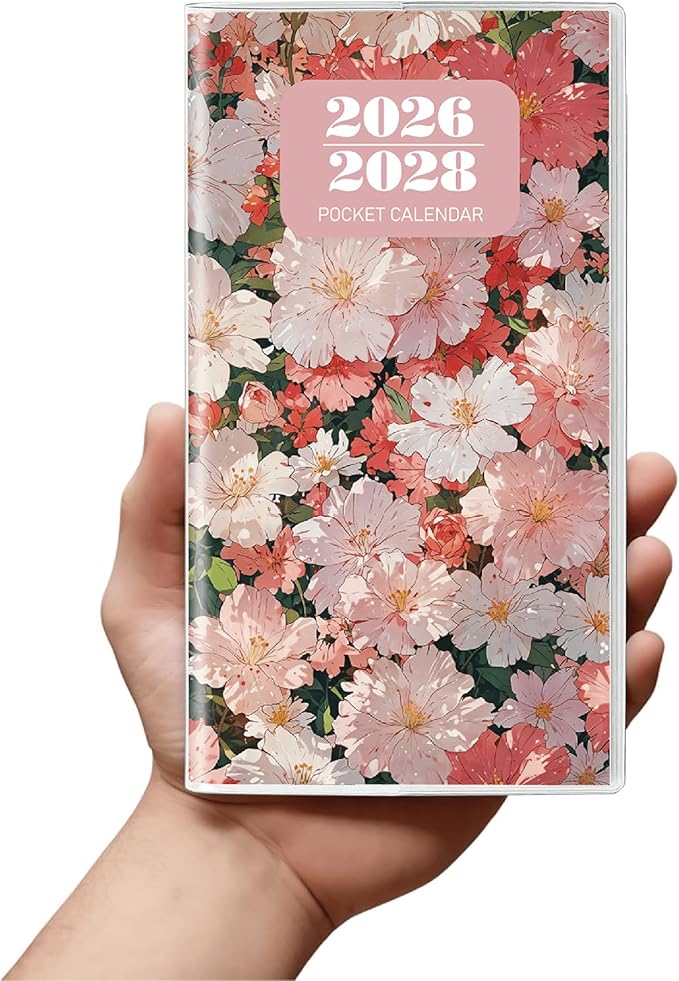 Pocket Calendar 2026-2028 Floral Series, Monthly Planner Jan 2026 to Jul 2028 (3.7" x 6.7") Perfect Purse Calendar, Pocket Agenda with Protective Plastic Sleeve-Blush Floral