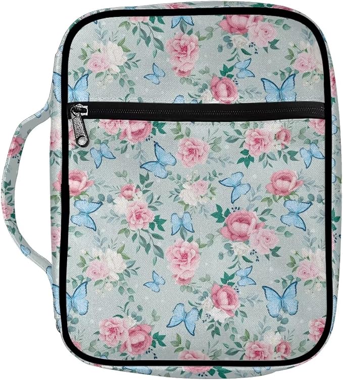 Coldinair Pink Rose Print Bible Covers for Women Blue Butterfly Carrying Book Case Church Bag Bible Protective with Bookmark with Zippered Pocket Church Bag Bible Protective Handbag