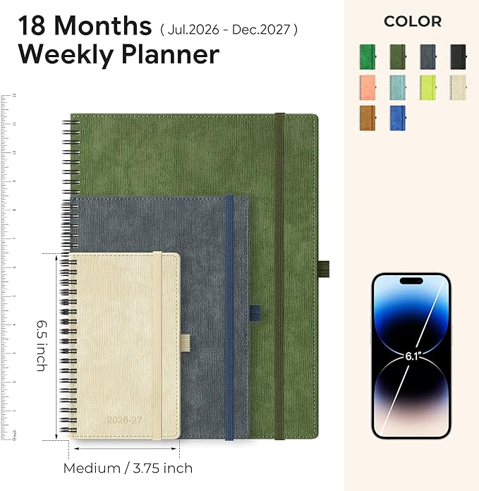 2026-2027 Planner, Daily Weekly Monthly Academic Planner, 18 Months Spiral Bound Agenda, 6.5" x 3.75", Vertical Layout, Calendar Planner, Vegan Leather Soft Cover,Green