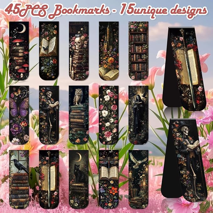 Dark Academia Magnetic Bookmark Gifts - Cosmisun 45 Pcs Vintage Gothic Magnetic Bookmarks Witchy Skull Cat Owl Book Marks Page Magnets Marker Clip for Book Lovers Students Teacher Reading Bookis Gift