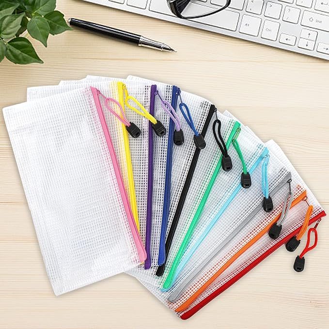 Hedume 50 Pack 10 Colors Zipper Mesh Pouch, A6 (9.1 x 4.7 inches) Zipper Pouch Waterproof Plastic Zip File Bags, for Bills, Cosmetics, Travel Storage and Office Supplies