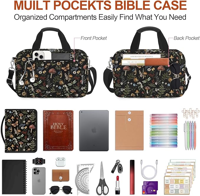 Mushroom Bible Cover Case for Women Large Bible Cover with with Handle & Zippered Pocket Vintage Bible Carrying Case for Girls Bible Study Supplies Accessories, Highlighters,Pens, Cross Clips