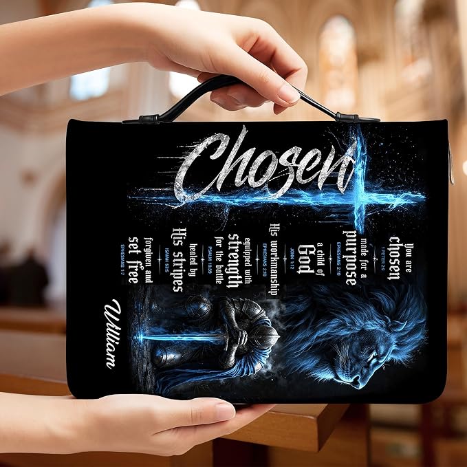Personalized Man of God Bible Cover for Men, Christian PU Leather Bible Case with Handle Zipper, God Says I Am Warrior Scripture Bible Holder, Religious Gift for Men (Warrior Choosen)