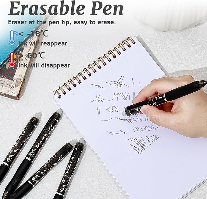 6 Pcs Retractable Erasable Pens, Colored Gel Black Ink Pens Clicker with Erasers, 0.5mm Fine Point Smooth Writing Pen for Journaling Note-Taking Crossword Puzzles Supplies (Black)