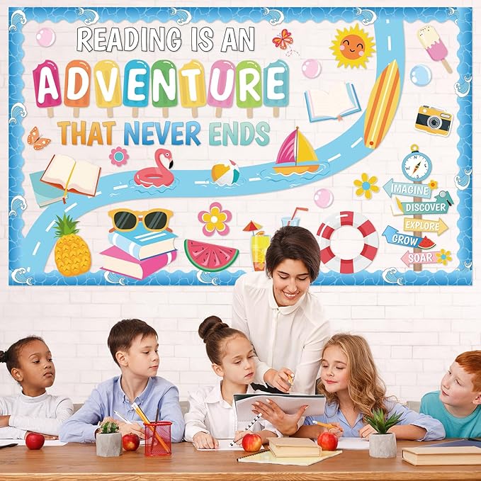 Summer Reading Bulletin Board Set Reading is an Adventure Bulletin Board Decoration Colorful Flamingo Watermelon Books Cutouts for Summer Back to School Library Home Chalkboard Wall Decor