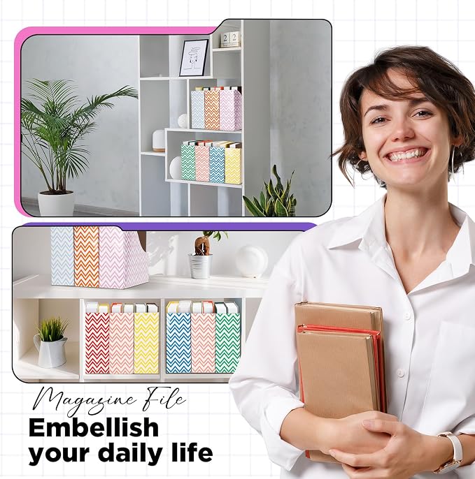 Jutom 32 Pcs Magazine File Holder Set Including Colored Foldable Desk File Holder Organizer White Label Stickers Cat Pen Cardboard Magazine Storage Box for Document School Office(Solid,Striped)