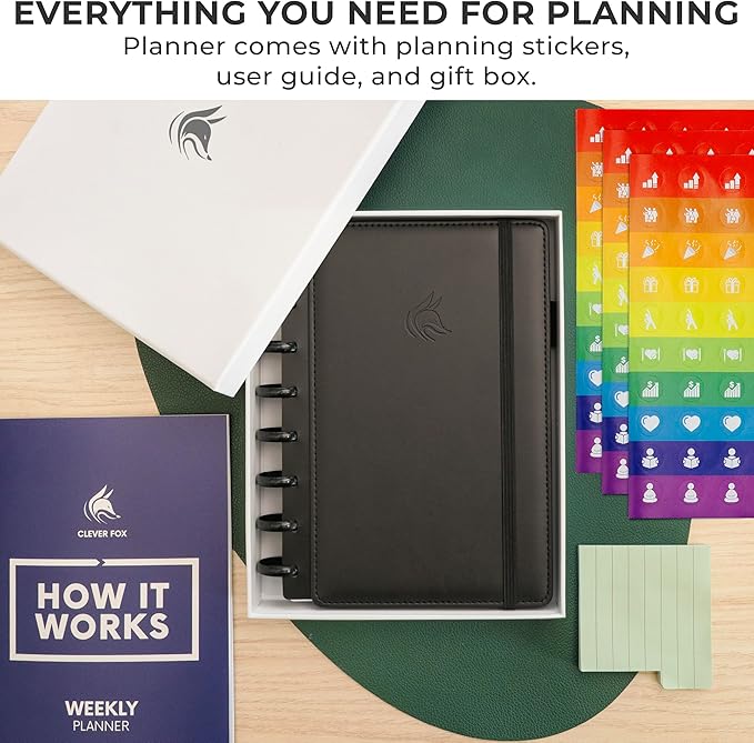 Clever Fox Disc-Bound Weekly Planner – Undated Monthly Notebook with Habit Tracker, Productivity Journal – Life, Work & Goal Organizer, 6.5 x 8.4" (Black)