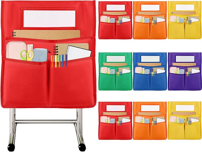 gisgfim 9 Pcs Chair Pockets for Classroom 19 x 17 inch Seat Sacks for Classroom Chairback Pocket Chart 3 Pockets Chairs Seat Back Organizer with Name Tag for School Home Classroom Supplies(Colorful)