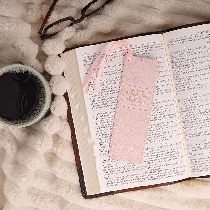 Christian Art Gifts Pink Floral Faux Leather Encouraging Scripture Bookmark for Women: Bless You & Keep You Golden Inspirational Bible Verse, Cute Satin Ribbon Markers for Reading, Marking Book Pages